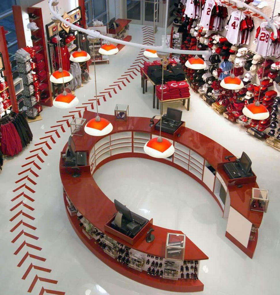 Cincinnati Reds pro shop cash wrap shelving and walls